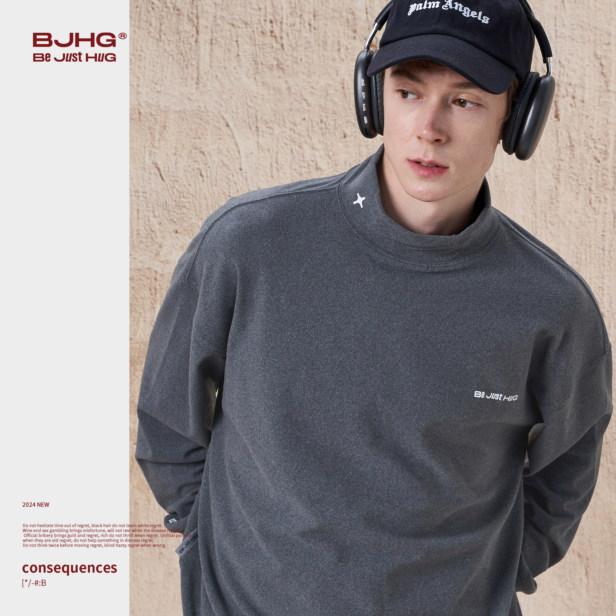 BJHG不计后果 秋季2024新款内搭长袖t恤男潮牌宽松情侣舒绒打底衫