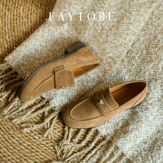 faytobe 「花褶」爱心饰扣绒面乐福鞋复古爱心软底胎牛猄单鞋 商品图1
