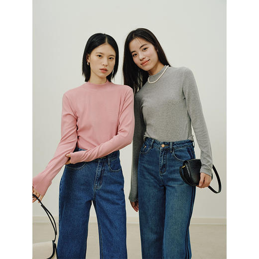 Heydress半高领长袖T恤女秋季纯色打底衫百搭修身叠穿内搭上衣 商品图1