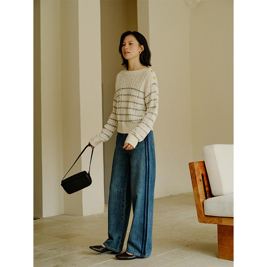 Heydress复古撞色牛仔裤女秋季高腰显瘦阔腿裤百搭通勤直筒裤子 商品图1