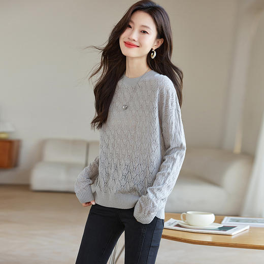 CC-AB1526镂空罩衫上衣长袖白色薄款针织衫2024春秋新款宽松慵懒风韩版线衣 商品图2