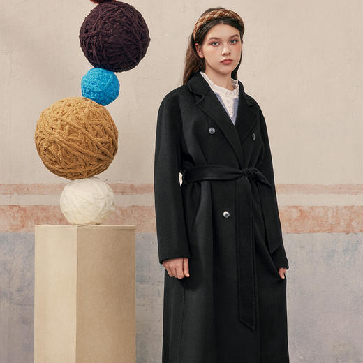【暖冬内购】两三事温辞书瑞2024冬季新款简约双排扣系带羊毛呢外套女呢子大衣 商品图2