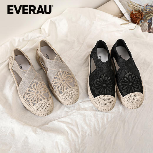 EVERAU仙气十足蕾丝镂空材质温柔精致X交叉弹力小香风蕾丝渔夫鞋EA5050 商品图0