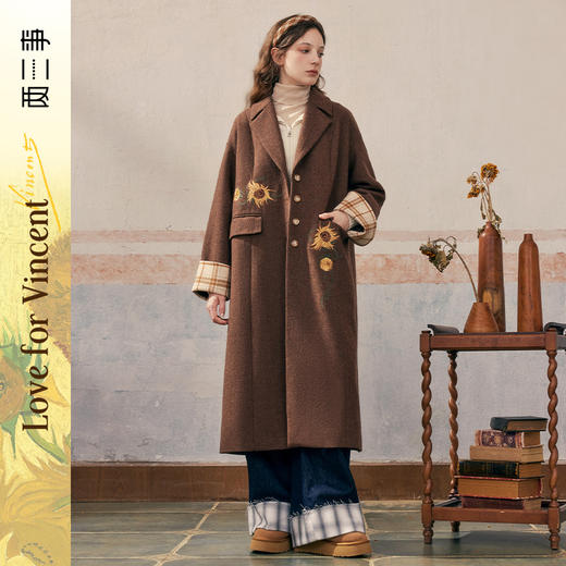 【暖冬内购】两三事梵高文艺秋叶依山2024冬季新款复古格子拼接绣花毛呢外套女 商品图0