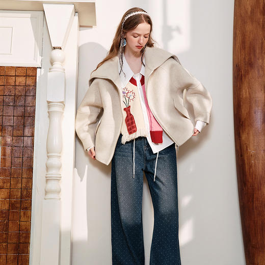 【暖冬内购】两三事梵高文艺 向阳微光 2024冬季新款复古绣花海军领毛呢外套女 商品图3