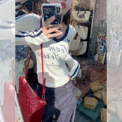 <曾小咸推荐>甜酷辣妹美式撞色V领修身长袖T恤【预售款，预计3-15天发货】 商品图2
