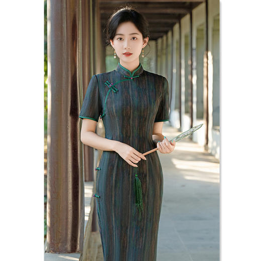 绫罗缎提花长款短袖，复古民国长款中式旗袍裙GX-100927 商品图3