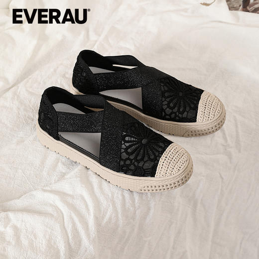 EVERAU仙气十足蕾丝镂空材质温柔精致X交叉弹力小香风蕾丝渔夫鞋EA5050 商品图2