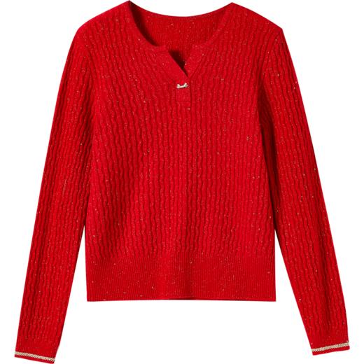 【商场同款】CNK4982 “魅力绞花毛衫”喜庆中国红 经典H版型 松弛有度 圆V领型视觉拉长颈部线条 精致造型金属扣 软糯亲肤毛衣 商品图9