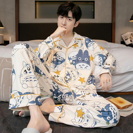 【时尚翻领，撞色嵌条设计，精致大方】新款秋冬季青年字母条纹翻领睡衣 家居服男士 开衫长袖套装-QQ 商品图9