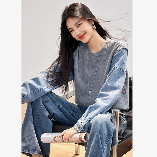 西遇假两件拼接毛衣女圆领长袖秋季新款复古蓝色针织衫上衣SS140969 商品图3