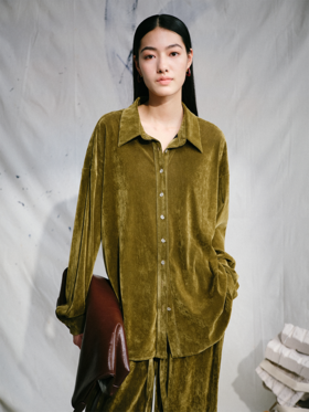 LIYIHAN 24夏季新品光泽丝绒宽松衬衫女士套装法式复古