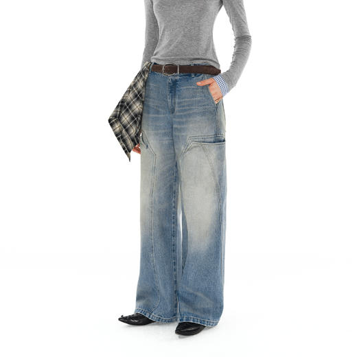 NUTH复古做旧洗水牛仔裤宽松直筒高腰显瘦阔腿牛仔裤 商品图1