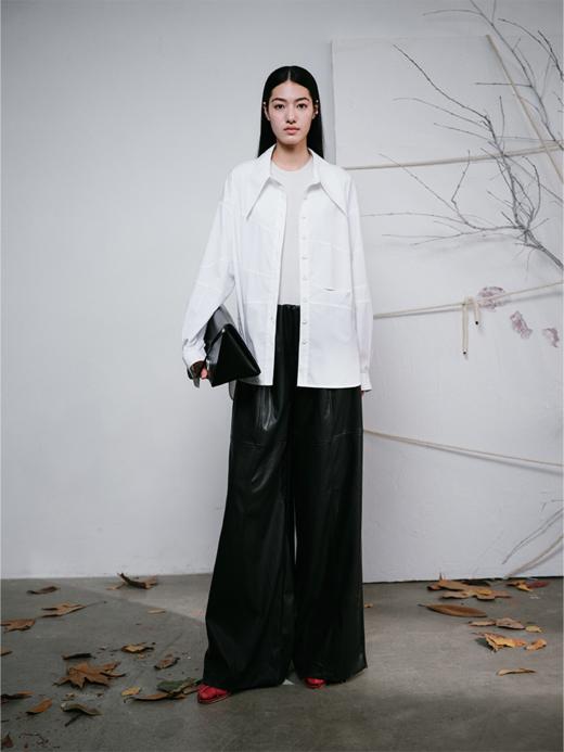 LIYIHAN 24秋棉尖领褶皱镂空衬衫不对称小众解构设计抗皱防紫外线 商品图3