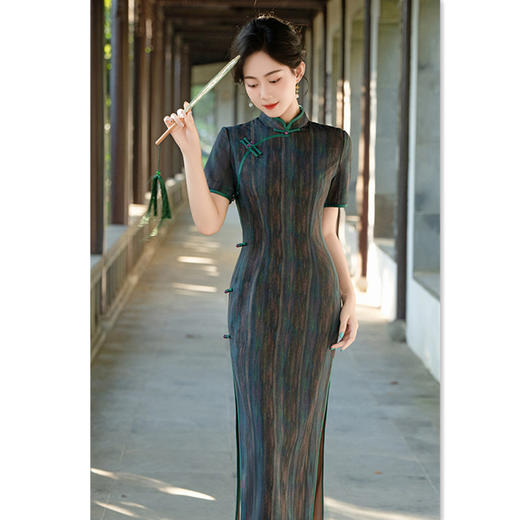 绫罗缎提花长款短袖，复古民国长款中式旗袍裙GX-100927 商品图0