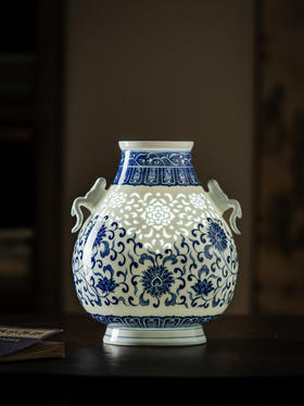 富玉玲珑花瓶卧室陶瓷器中式居家装饰品花瓶家用-手绘双耳福筒尊