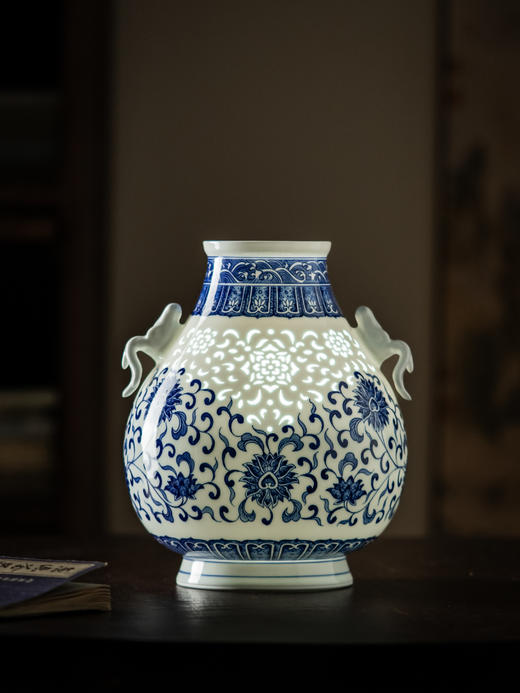 富玉玲珑花瓶卧室陶瓷器中式居家装饰品花瓶家用-手绘双耳福筒尊 商品图0