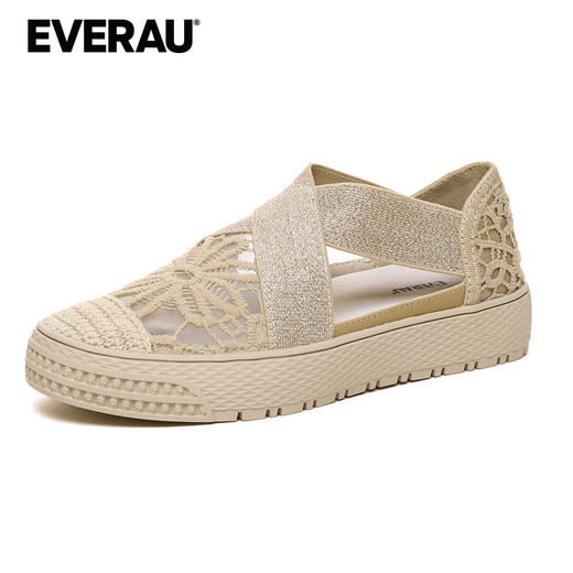 EVERAU仙气十足蕾丝镂空材质温柔精致X交叉弹力小香风蕾丝渔夫鞋EA5050 商品图4