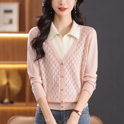 CC-101-90961假两件上衣女时尚洋气2024早秋新款针织衫长袖翻领毛衣打底衫春秋 商品图3