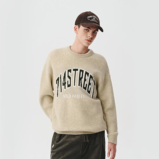 714street羊毛混纺字母提花毛衣2024秋冬新款宽松针织衫男女同款 商品图2