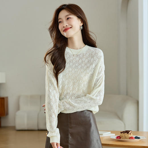 CC-AB1526镂空罩衫上衣长袖白色薄款针织衫2024春秋新款宽松慵懒风韩版线衣 商品图1