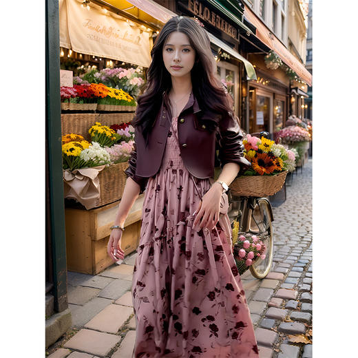 9/7奢姿大码女装2024秋季减龄碎花皮衣吊带裙两件套胖妹妹时尚套装9943991277 商品图2