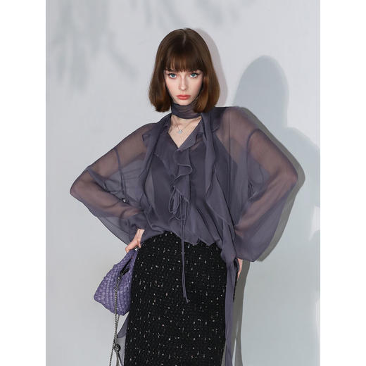 COCOBELLA气质紫多层次荷叶边飘带雪纺衫灵动飘逸开衫LC0007-2 商品图3