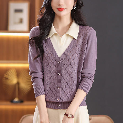 CC-101-90961假两件上衣女时尚洋气2024早秋新款针织衫长袖翻领毛衣打底衫春秋 商品图2