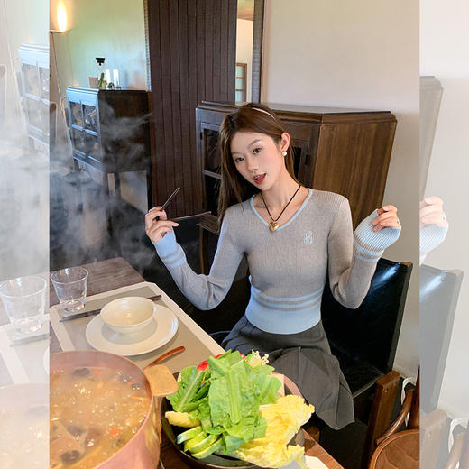 <曾小咸推荐> 设计感撞色拼接灰色短款V领打底衫   商品图4