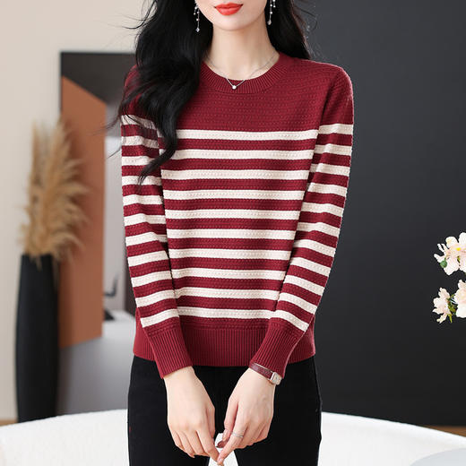 CC-89-21101早秋新款圆领条纹针织打底衫女春秋洋气长袖上衣薄款镂空毛衣 商品图2
