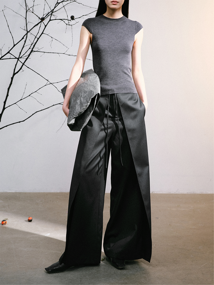 LIYIHAN羊毛拼接高腰直筒休闲裤女厚款宽松飞片阔腿黑色西裤显瘦