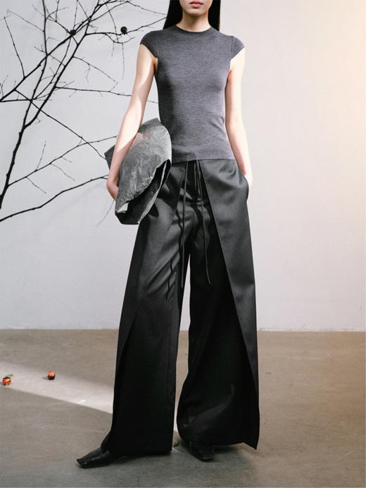 LIYIHAN羊毛拼接高腰直筒休闲裤女厚款宽松飞片阔腿黑色西裤显瘦 商品图0