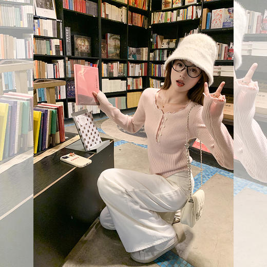 <曾小咸推荐>韩系简约花边领修身毛织打底衫 商品图3