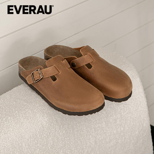 EVERAU疯马牛皮特殊质感高级复古经典半包头男士拖鞋EA7061 商品图1