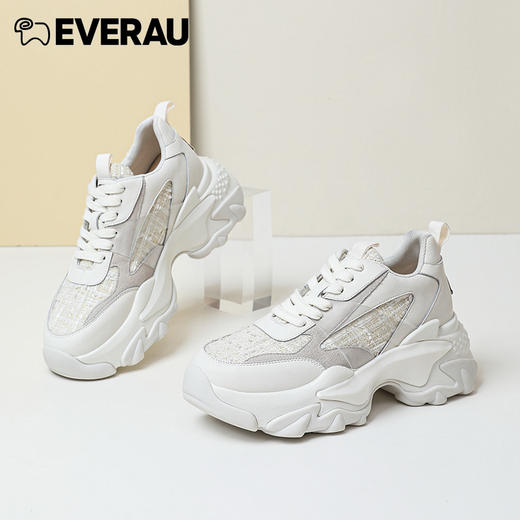 EVERAU上新小香风*老爹鞋]拼接小香风花呢布 金色细闪磨砂“V”字时尚运动老爹女鞋EA5039 商品图1