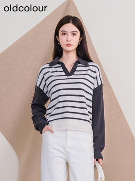 oldcolour欧珂冬季时尚宽松横纹拼接休闲毛织套头衫女P420510A1