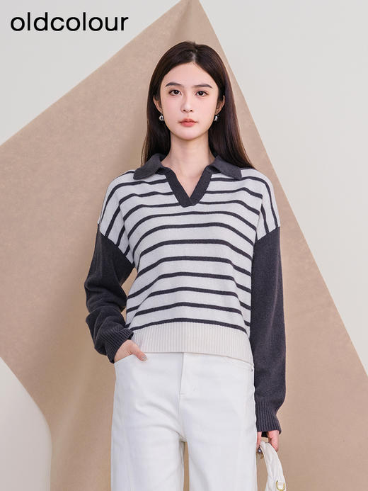 oldcolour欧珂冬季时尚宽松横纹拼接休闲毛织套头衫女P420510A1 商品图0