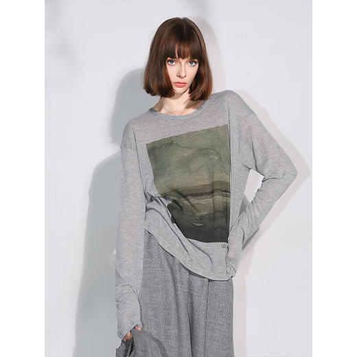 【有赞】COCOBELLA印象派印花废土风毛边长袖T恤baby肤感打底衫TS3018 商品图2