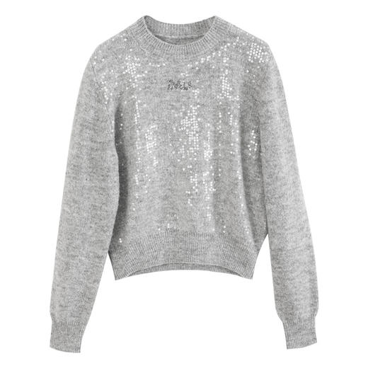 玳莎亮片灰色圆领毛针织衫女2024秋季新款显瘦柔软套头长袖毛衣  EC33302 商品图4