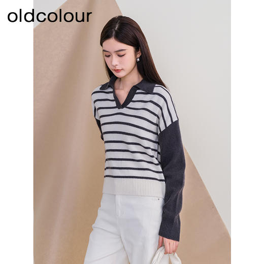 oldcolour欧珂冬季时尚宽松横纹拼接休闲毛织套头衫女P420510A1 商品图1