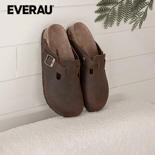 EVERAU疯马牛皮特殊质感高级复古经典半包头男士拖鞋EA7061 商品图2