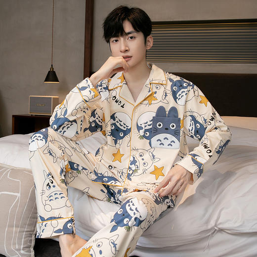 【时尚翻领，撞色嵌条设计，精致大方】新款秋冬季青年字母条纹翻领睡衣 家居服男士 开衫长袖套装-QQ 商品图3