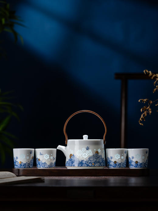 景德镇富玉陶瓷玲珑提梁壶茶具套装家用高端泡茶壶茶杯乔迁伴手礼花漫茶具 商品图0