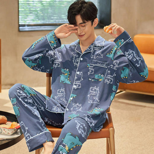 【时尚翻领，撞色嵌条设计，精致大方】新款秋冬季青年字母条纹翻领睡衣 家居服男士 开衫长袖套装-QQ 商品图5