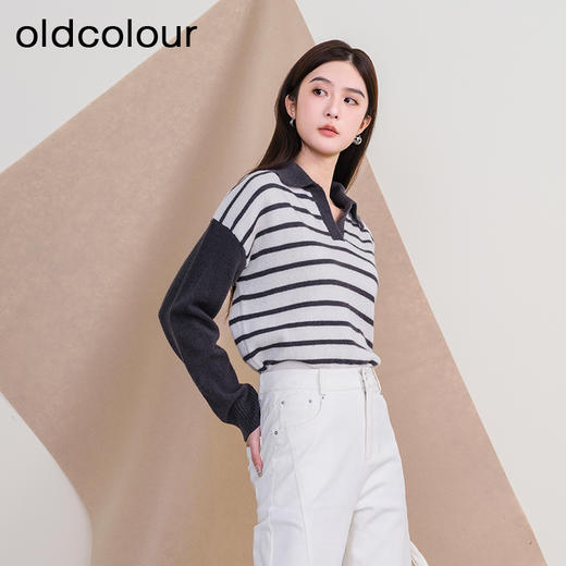 oldcolour欧珂冬季时尚宽松横纹拼接休闲毛织套头衫女P420510A1 商品图2