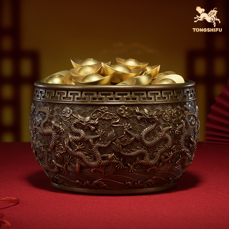铜师傅《九龙聚宝盆》客厅桌面铜摆件 家居装饰工艺品 开业礼物