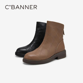 千百度圆头羊皮低跟时装靴女款秋冬显瘦复古增高短靴子A24582102