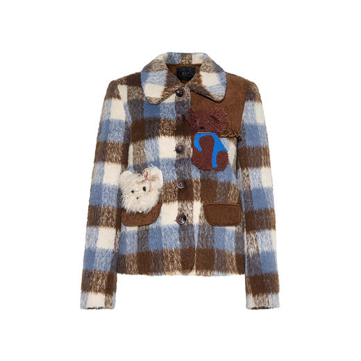 两三事逆风祈愿2024秋季新款复古小狗扣针刺绣格子毛呢外套女宽松 商品图4