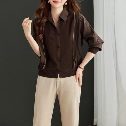 CC-16-9077长袖外穿条纹衬衫女2024春秋新款翻领拼接针织开衫短款宽松上衣服 商品图2