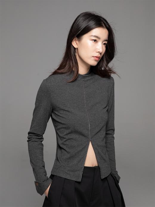 LIYIHAN 24秋设计感开叉修身上衣橄榄果绿色中领针织女24冬新款 商品图2